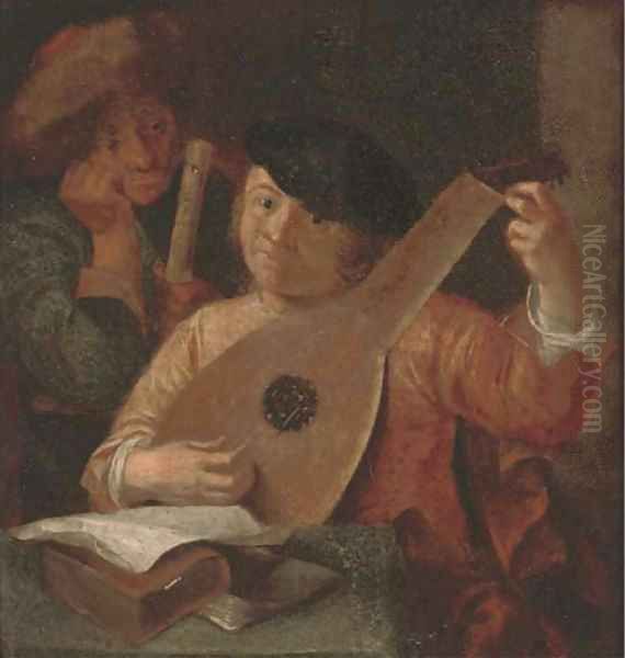 A lute player and a flute player in an interior Oil Painting by Hendrick Terbrugghen