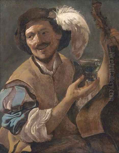 A laughing bravo with a bass viol and a roemer Oil Painting by Hendrick Terbrugghen