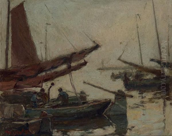 Moored Boats Oil Painting by Hendrik Jan Wolter