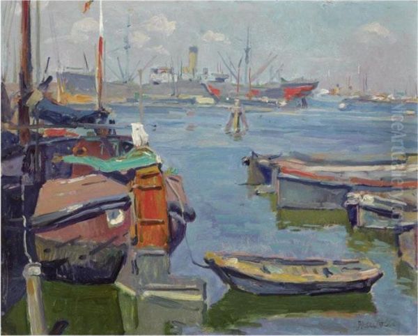 Boats In A Busy Harbour Oil Painting by Hendrik Jan Wolter