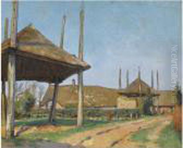 Haystacks In A Farmyard Oil Painting by Hendrik Jan Wolter