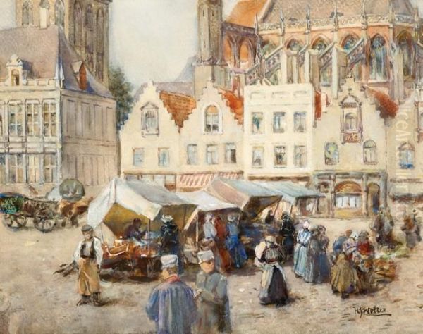 Market Day At The Grote Markt In Veurne Oil Painting by Hendrik Jan Wolter