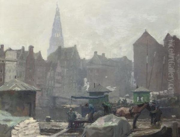 A View Of Damrak, Amsterdam, With The Oude Kerk In The Distance Oil Painting by Hendrik Jan Wolter