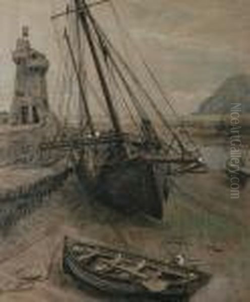 A Fishing Boat In A Dry Riverbed Beside A Signal Tower Oil Painting by Hendrik Jan Wolter