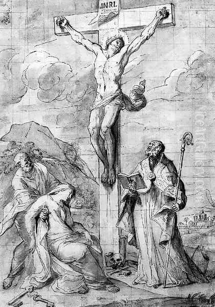 The Crucifixion, with the Virgin swooning into the arms of Saint Peter, and a Bishop Saint Oil Painting by Pietro Testa