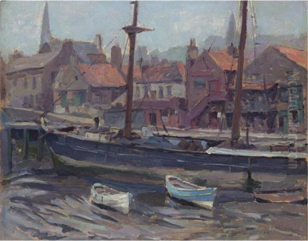 Moored Boats Near A Village Oil Painting by Hendrik Jan Wolter