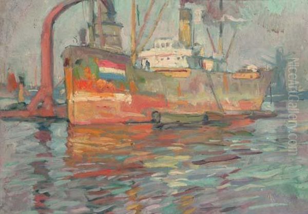 Cargo Ship In The Harbour; Houthaven Amsterdam Oil Painting by Hendrik Jan Wolter