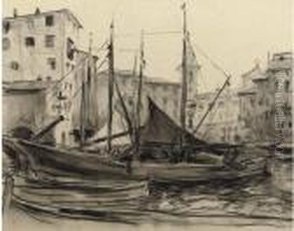 Haven Camogli - Boats In The Harbour Of Camogli Oil Painting by Hendrik Jan Wolter