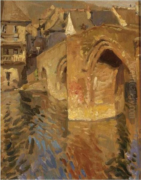 A View Of A Bridge In A French Town Oil Painting by Hendrik Jan Wolter