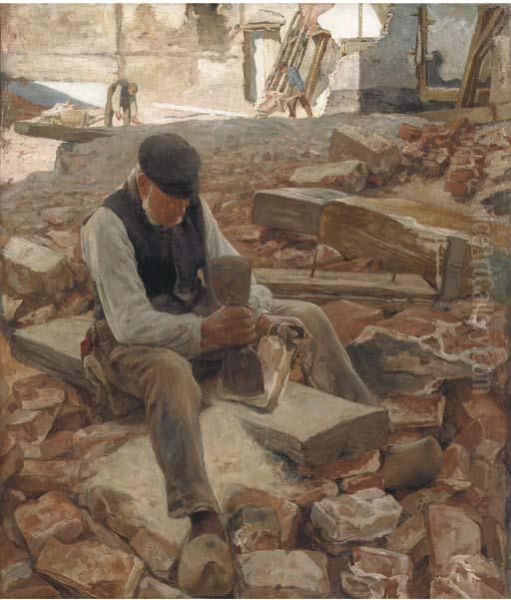 De Steenbikker - The Stone Cutter Oil Painting by Hendrik Jan Wolter