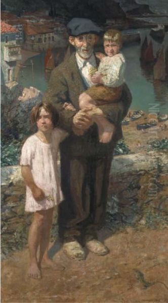 Motrico: A Man And Two Children Oil Painting by Hendrik Jan Wolter