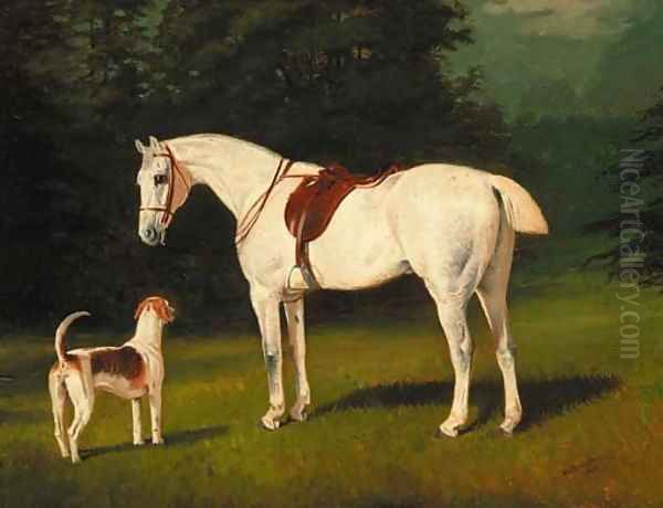 John Peel, a grey hunter and Sampson, a hound in a landscape Oil Painting by Arthur Louis Townshend