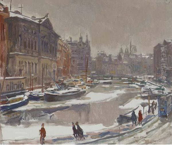 Rokin En Oude Turfmarkt, Winter Oil Painting by Hendrik Jan Wolter