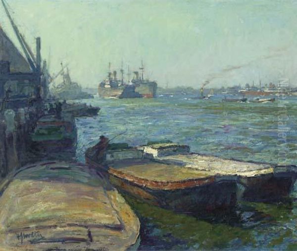 Schepen En Dekschuiten Op Het Ij In Amsterdam - Ships And Barges Onthe Ij, Amsterdam Oil Painting by Hendrik Jan Wolter