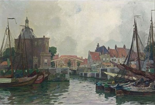 A View Of Enkhuizen Harbour Oil Painting by Hendrik Jan Wolter