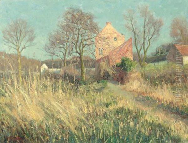 Houses In A Field Oil Painting by Hendrik Jan Wolter