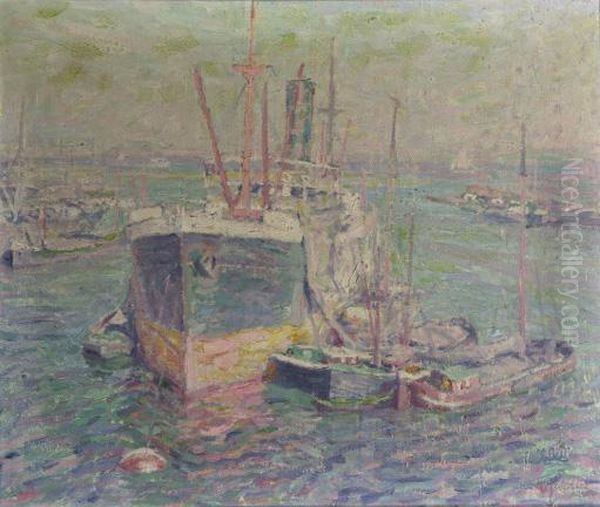 Steam-freighter In Harbour Oil Painting by Hendrik Jan Wolter