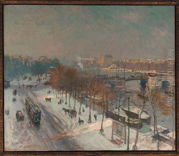 The Amstel In Winter, With The 
Amstel Hotel And Theceintuurbaanbrug In The Distance; A View From The 
Artist'sstudio Oil Painting by Hendrik Jan Wolter