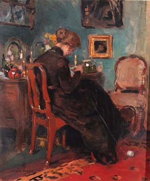 A Knitting Lady In An Interior Oil Painting by Hendrik Jan Wolter