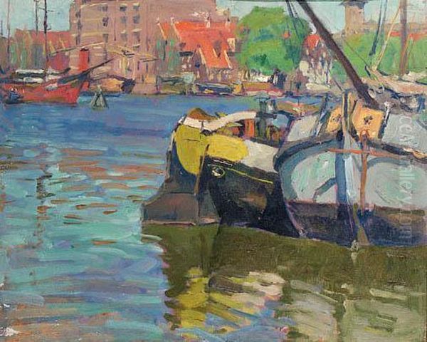 Boats In An Amsterdam Canal Oil Painting by Hendrik Jan Wolter