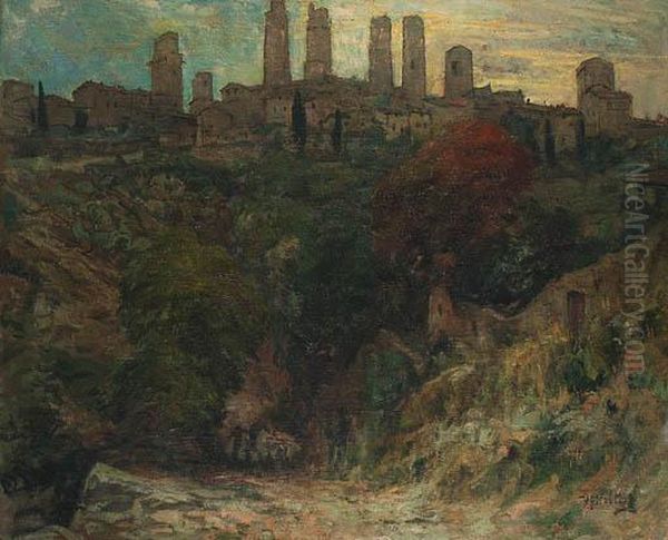 Sunset Near San Gimignano Oil Painting by Hendrik Jan Wolter