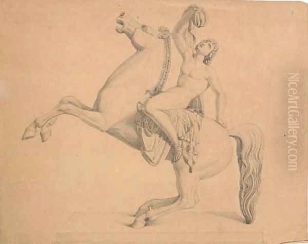 A nude astride a rearing horse, after a sculptural frieze Oil Painting by Bertel Thorvaldsen