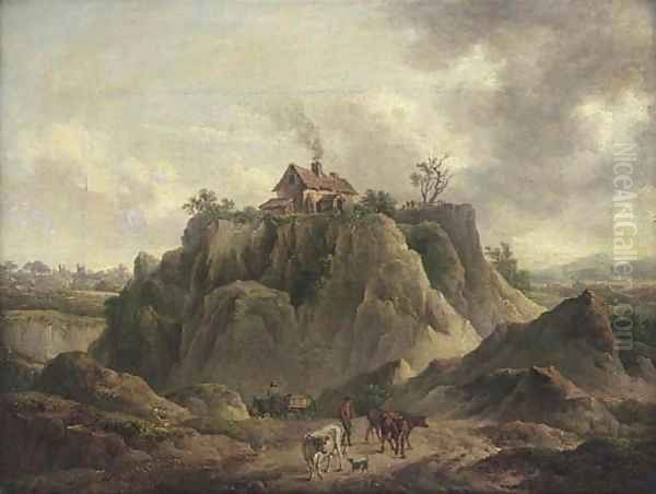 A drover and his cattle on a country road, a house on a hill top beyond Oil Painting by Charles Towne