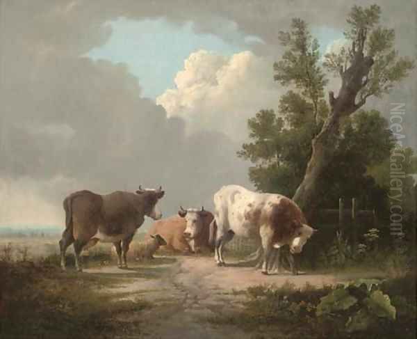 Cattle and a sheep in an extensive landscape Oil Painting by Charles Towne