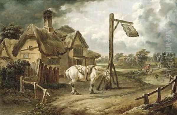 A horse tethered before an inn on a blustery day Oil Painting by Charles Towne