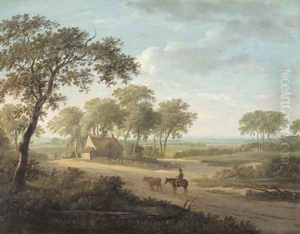 A drover on a path by a cottage in an extensive landscape Oil Painting by Charles Towne