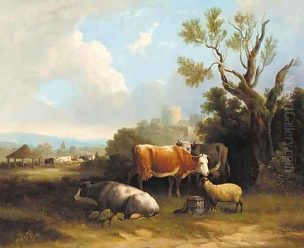 Cattle and sheep resting in a landscape, a castle beyond Oil Painting by Charles Towne