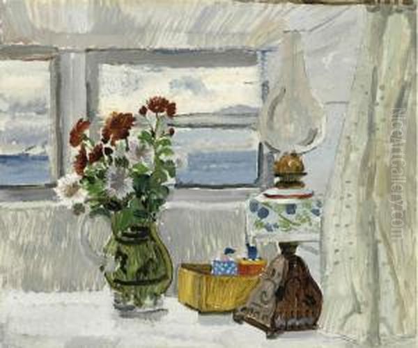 Flowers And Lamp In A Cornish Window Oil Painting by Christopher Wood