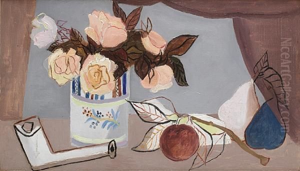 Still Life With Flowers, Fruit And A Claypipe Oil Painting by Christopher Wood