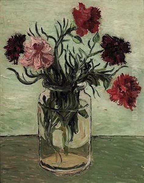 Carnations In A Glass Jar Oil Painting by Christopher Wood