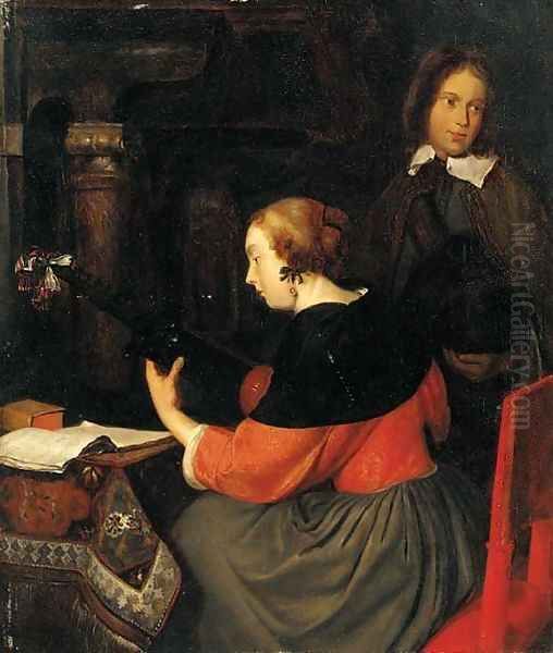 A lady making music with a youth in an interior Oil Painting by Gerard Terborch