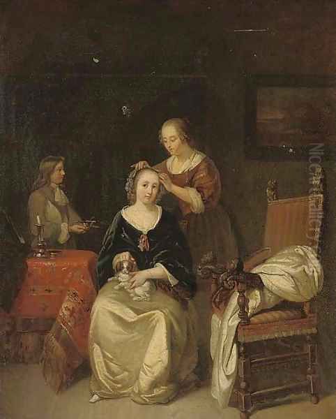 An elegant lady seated at her table with a dog on her lap, a maid tying ribbons in her hair Oil Painting by Gerard Terborch