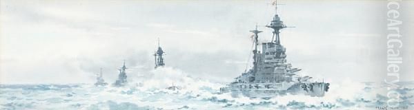 A Line Of Naval Battleships Oil Painting by Frank Watson Wood