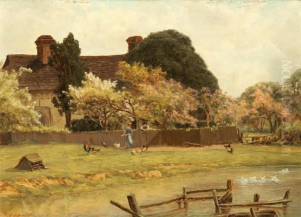 Feeding Chickens By The Pond by Frank Watson Wood