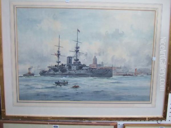 The Pre-dreadnought Battleship Majestic Leaving Portsmouth by Frank Watson Wood