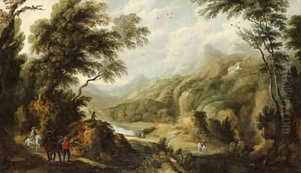 Mounted travellers and peasants in an extensive wooded landscape Oil Painting by Johannes Tilens