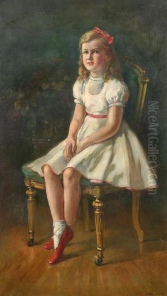 A Portrait Of A Young Girl In White Dress With Pink Trim Seated On A Chair Oil Painting by Frank Watson Wood