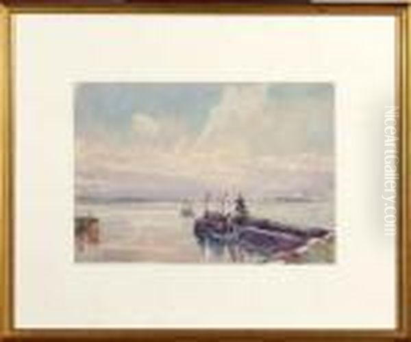 A Quiet Fishing Harbour Oil Painting by Frank Watson Wood