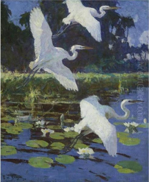 Herons And Lilies Oil Painting by Frank Watson Wood