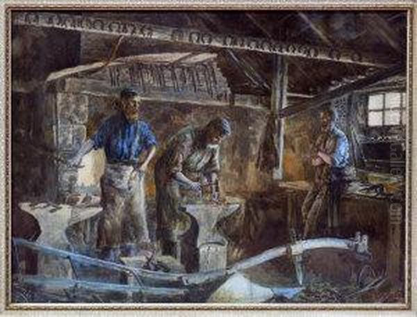 Three Blacksmiths Working At A Forge Oil Painting by Frank Watson Wood