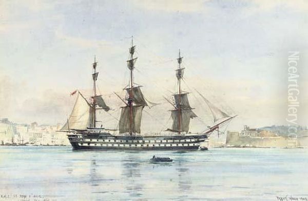 H.m.s. St. Jean D'acre In The Tagus At Lisbon Oil Painting by Frank Watson Wood