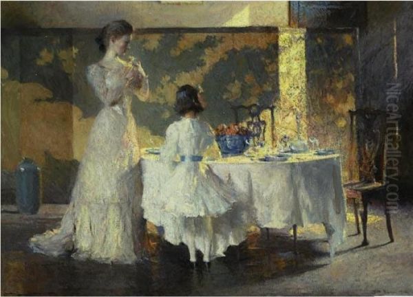 The Artist's Daughters (the Dining Room) Oil Painting by Frank Watson Wood