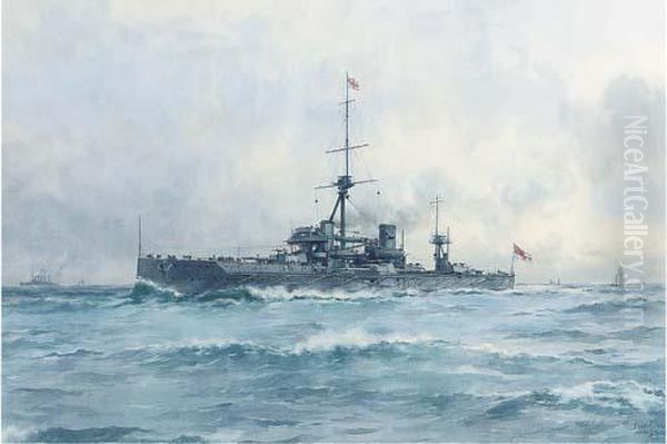 A Royal Naval Battleship At Sea, Probably The Original Dreadnought Oil Painting by Frank Watson Wood