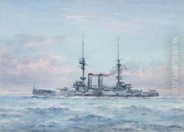 Destroyer; H.m.s. Queen; A Battleship Oil Painting by Frank Watson Wood