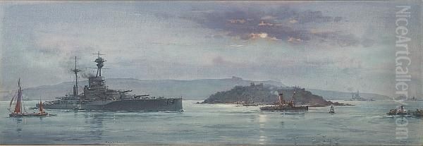 H.m.s. 'resolution' Heading Down Plymouth Sound Towards The Open Sea by Frank Watson Wood