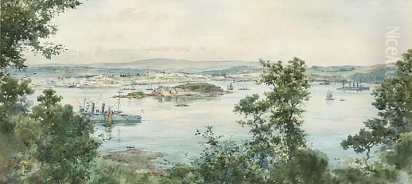 Drake's Island, With Plymouth 
Across The Sound, As Seen From Mount Edgecumbe, Above 'the Bridge' Oil Painting by Frank Watson Wood